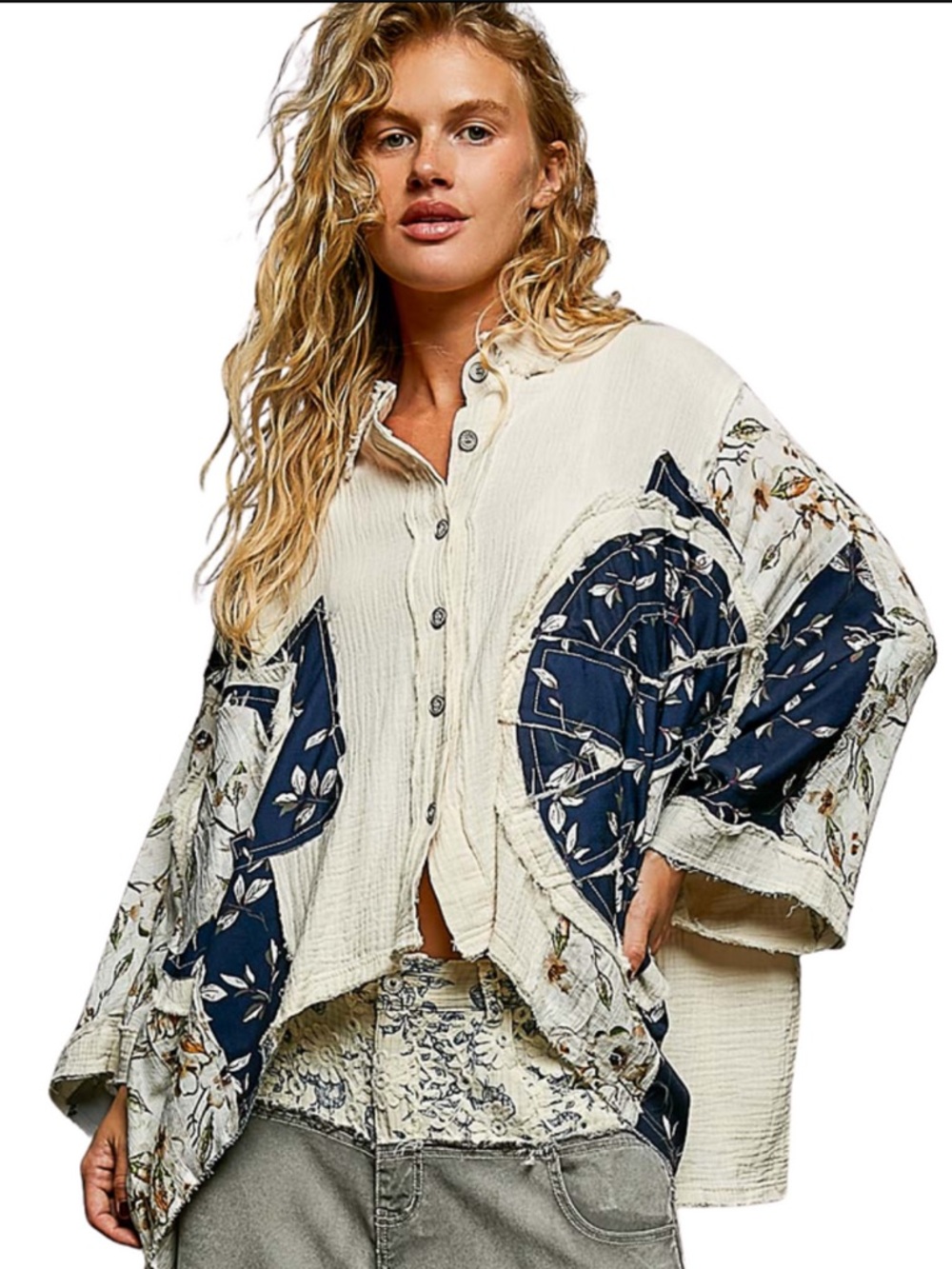 5🌸OVERSIZED Gauze and Floral Print Top in Natural Multi